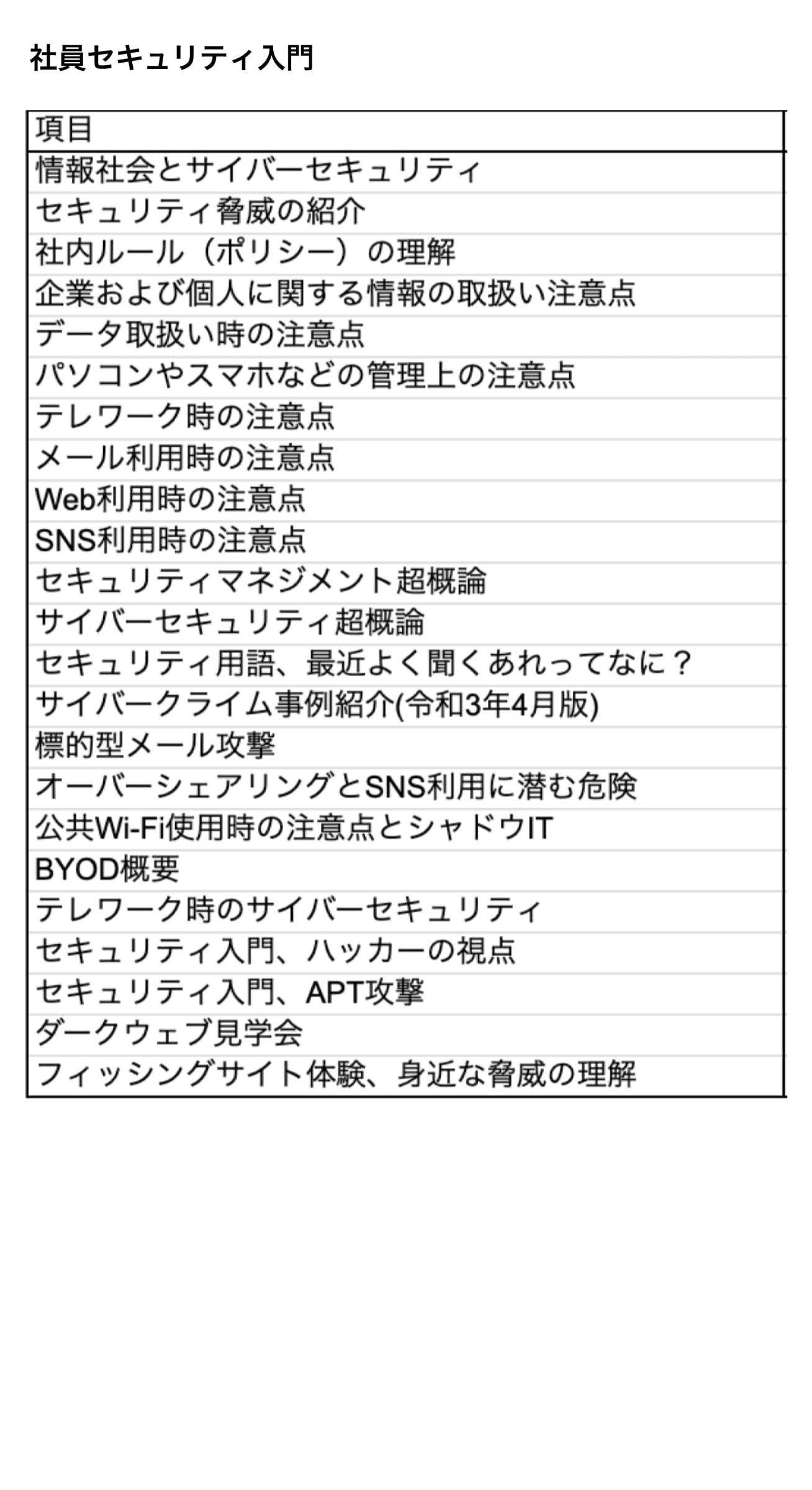 セキュリティ カリキュラム例